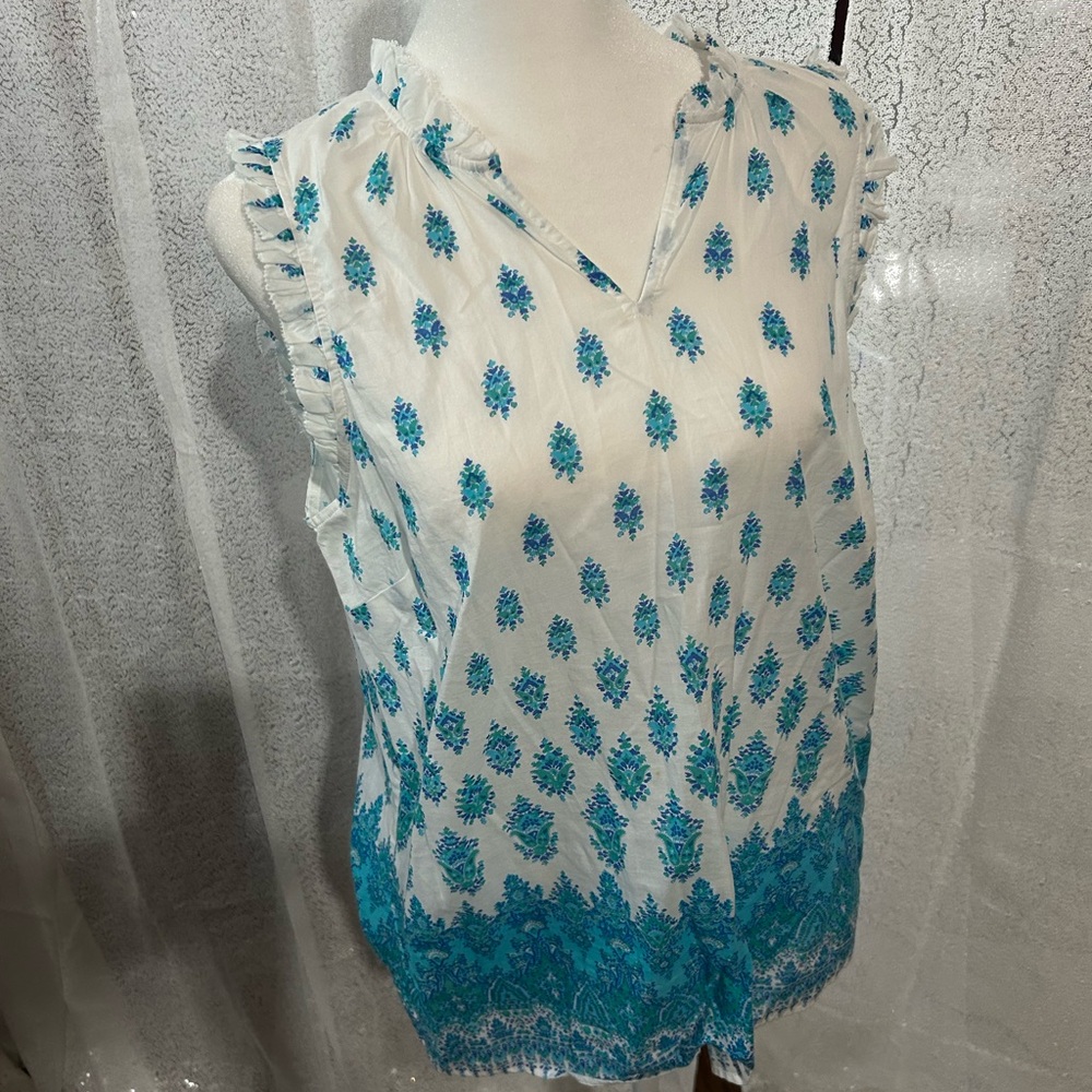 Talbots White and Blue Floral Blouse